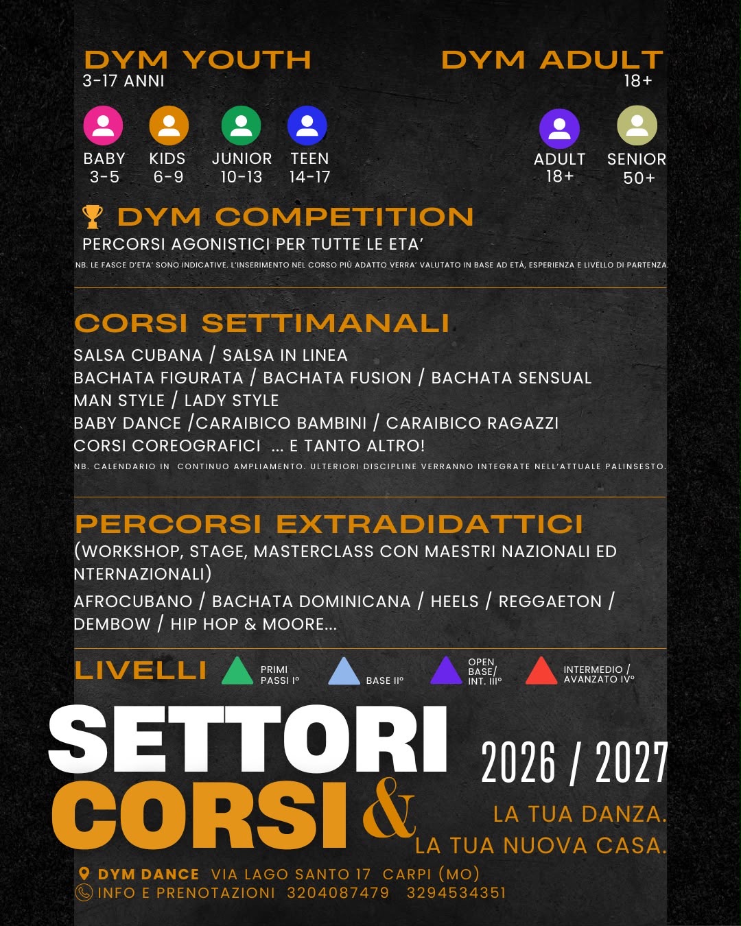 Settori, corsi e percorsi DYM Dance Carpi 2026 e 2027