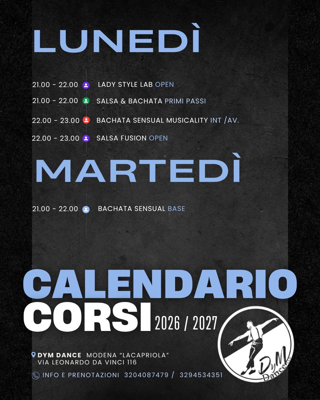 Calendario corsi DYM Dance Modena del lunedì e martedì